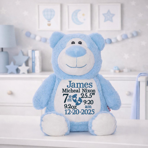 Cubbie Personalized Blue Bear Birth Announcement Stuffed Animal 