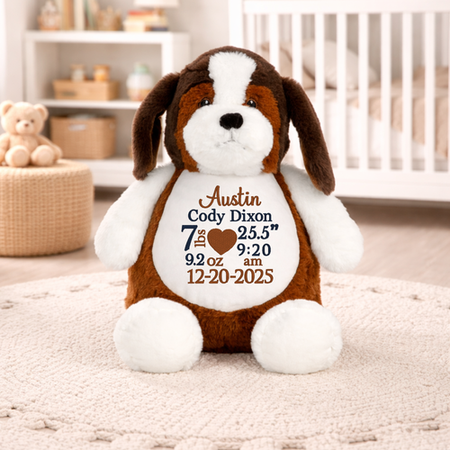 Front view beagle plush showing embroidered name and birth details centered on the belly

Close-up of beagle birth stats embroidery on belly with clear stitched lettering