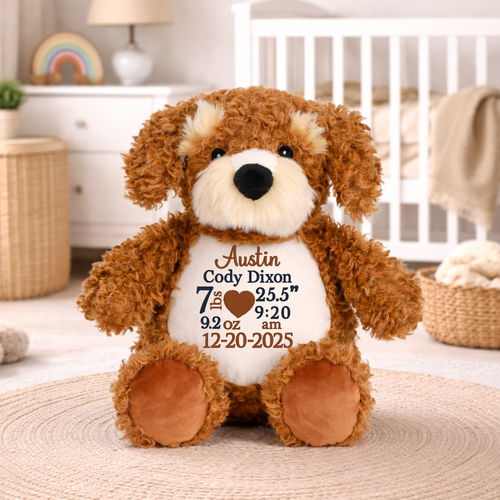 Personalized beagle birth stats stuffed animal keepsake gift for baby shower and nursery decor