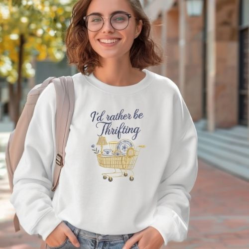 White sweatshirt reading “I’d rather be thrifting” with a shopping cart graphic filled with thrift finds on the front.