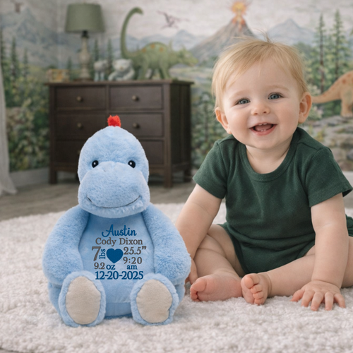 Personalized blue dinosaur stuffed animal embroidered with baby birth stats and baby name for newborn baby keepsake gift