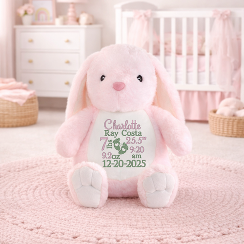 Personalized pink bunny stuffed animal embroidered with baby birth stats and baby name for newborn keepsake gift