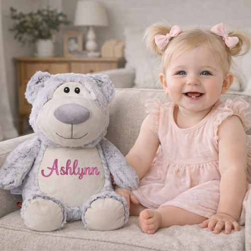 Personalized grey teddy bear stuffed animal with embroidered custom name for baby shower and nursery keepsake gift
