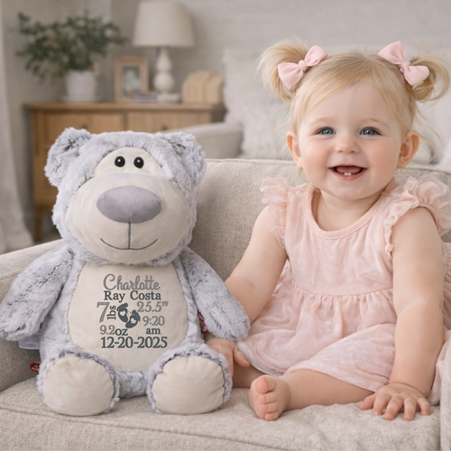 Personalized grey teddy bear stuffed animal with embroidered custom name for baby shower and nursery keepsake gift