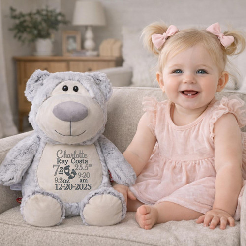 Cubbie Personalized Grey Bear with Birth Stats for Baby 