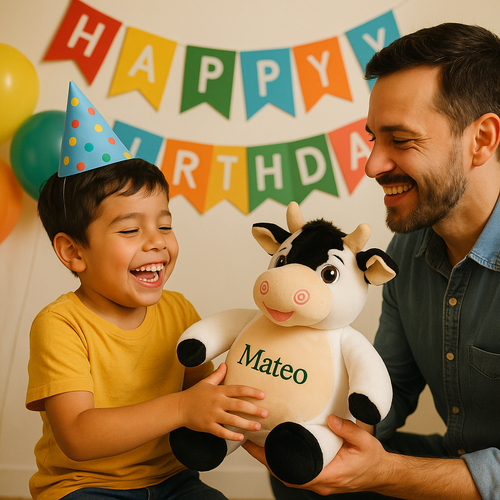 Personalized stuffed cow with embroidered name on soft plush cow stuffed animal gift for babies and kids