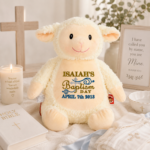 Personalized baptism lamb stuffed animal embroidered with a child’s name, cross and baptism date