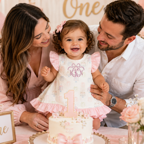 Personalized girl's first birthday outfit with monogram embroidery, ruffle sleeves, and matching bloomers.