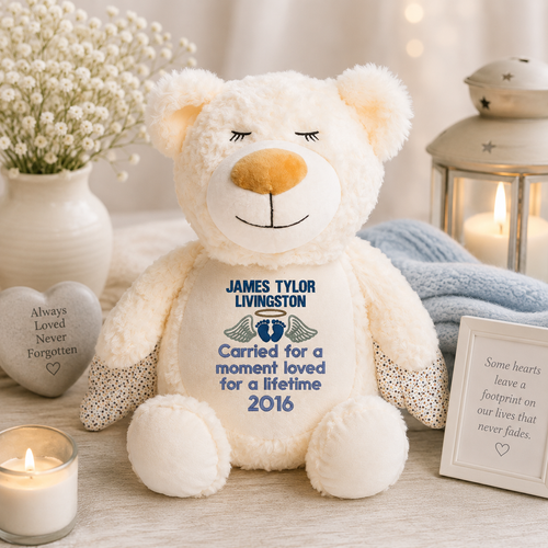 Personalized baby loss memorial bear embroidered with angel wings, halo, footprints, baby’s name, and remembrance message