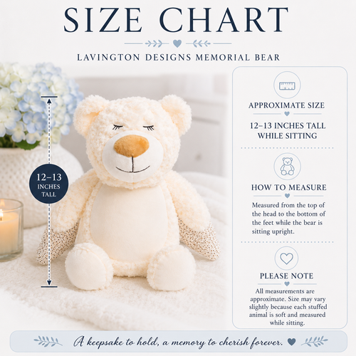 Customized grief stuffed animal honoring a baby with embroidered name and angel-wing design size chart