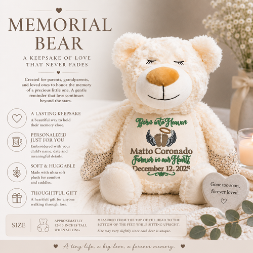 Personalized baby loss memorial bear embroidered with angel wings, halo, footprints, baby’s name, and remembrance message