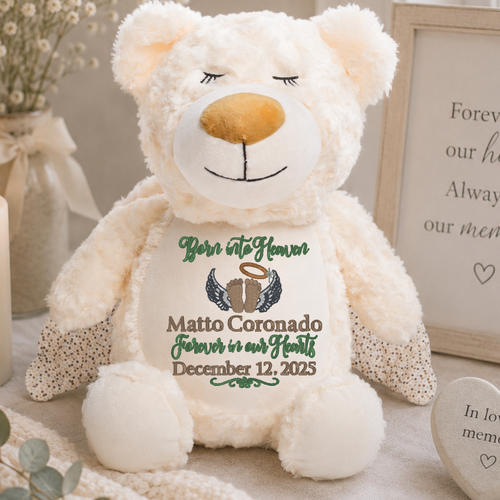 Personalized baby loss memorial bear embroidered with angel wings, halo, footprints, baby’s name, and remembrance message