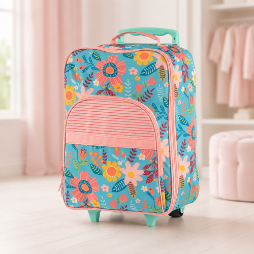 Personalized floral kids rolling suitcase displayed in a soft upscale boutique setting