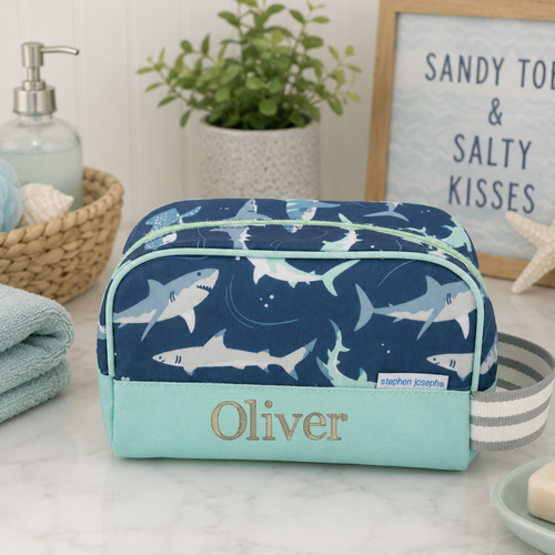 Navy shark travel bags for kids with mint panels and striped straps