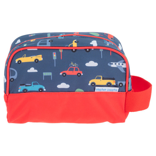Navy kids travel bag set with colorful cars and bright red trim
