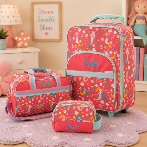 Three-piece personalized mermaid travel set displayed in an under-the-sea bedroom