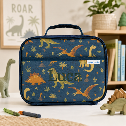Personalized dinosaur lunch box with embroidered name and prehistoric print