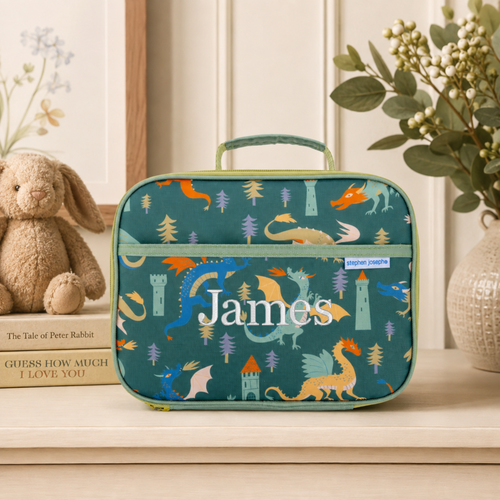 Personalized dragon lunch box with embroidered name and colorful fantasy print
