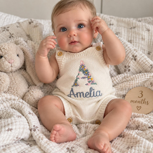  Personalized Knit Baby Romper with Floral Initial & Name 