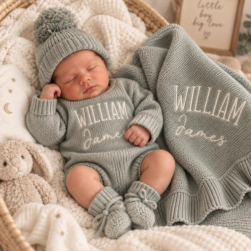  Personalized Baby Knit Romper – Embroidered Name Newborn Outfit 