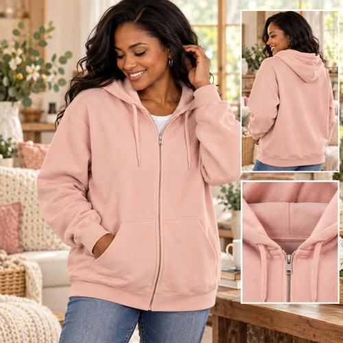 Woman wearing a Blush Pink full-zip hoodie showing the classic unisex fit and left chest area
