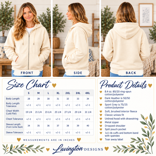 Gildan SF600 unisex full-zip hoodie size chart with chest, length, and sleeve measurements and model fit views
