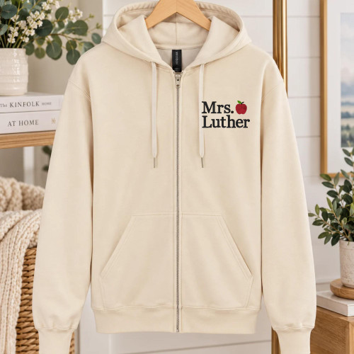 Personalized Teacher Zip Up Hoodie – Embroidered Name & Apple 