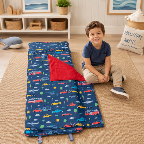 Rolled vehicle nap mat with front pocket for embroidery