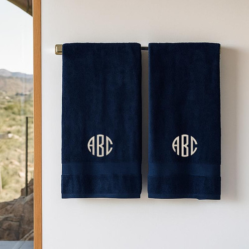 Navy monogrammed bath towels with elegant embroidered initials