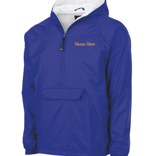 Monogrammed Pullover rain jack showing the location for Embroidery