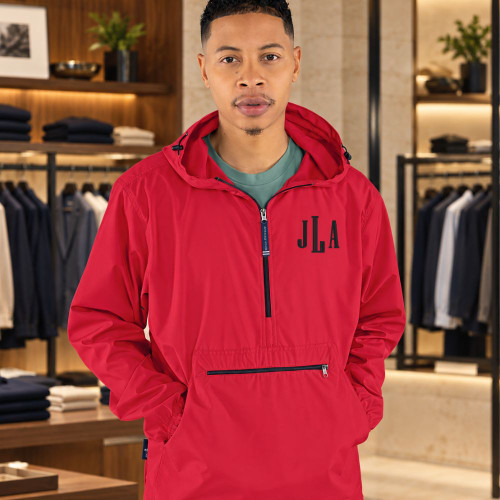Monogrammed Pack-N-Go pullover jacket with adjustable hood and zippered front pouch, available in sizes 4XL and 5XL.