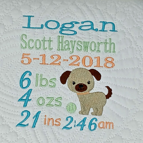 Personalized Baby Quilt with Birth Announcement and Puppy Embroidered