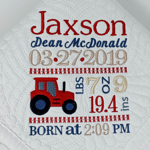 Personalized Tractor  Birth  Stat Quilt