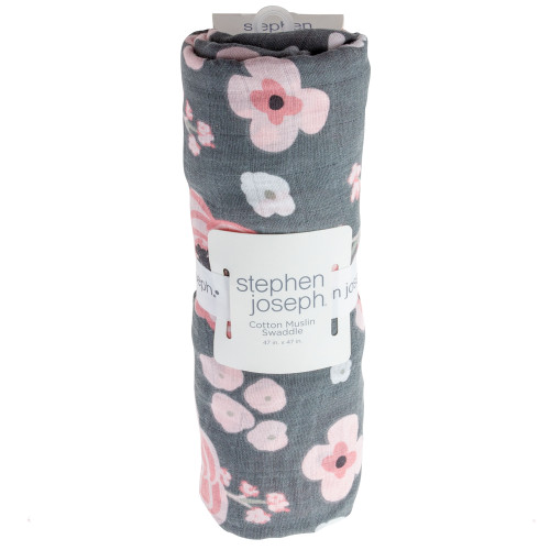 Baby swaddle Blankets charcoal with flower by Stephen Joseph ROLLED
