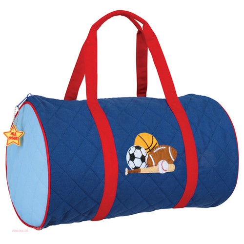 Quilted Sports duffle bag by Stephen Joseph . Navy and Red Duffle Bag with Succor Ball, Basket Ball and Football on the front