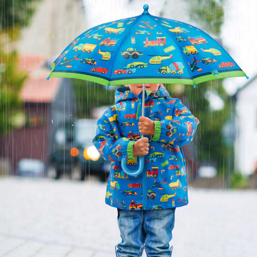 Transportation Rain Coat set for Boy personalized kids rain coat with cars and trucks all over the Blue rain jacket. Jacket is fully lined. Manufacture Stephen Joseph