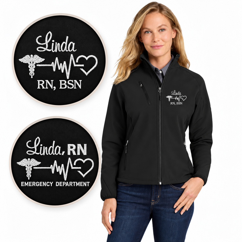 Personalized black nurse soft shell jacket with embroidered RN name and medical heartbeat design