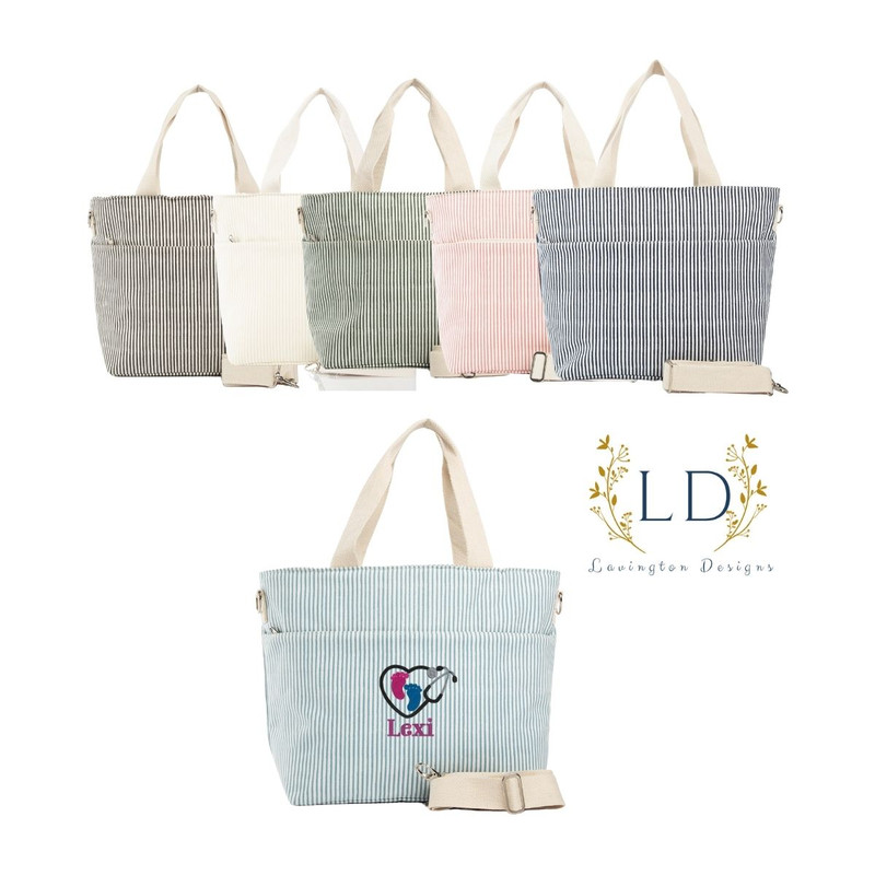 Insulated Lunch Bag-Nurse Gift, 12" H x 18" W x 5.5" D stripped canvas lunch cooler with strap.