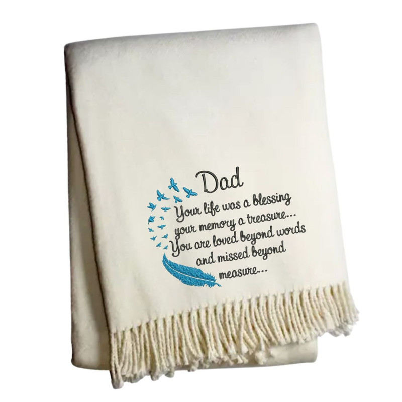 Grief Blanket Loss of Dad , 50% cotton/50% microfiber acrylic.
Machine washable.
55” x 70”.