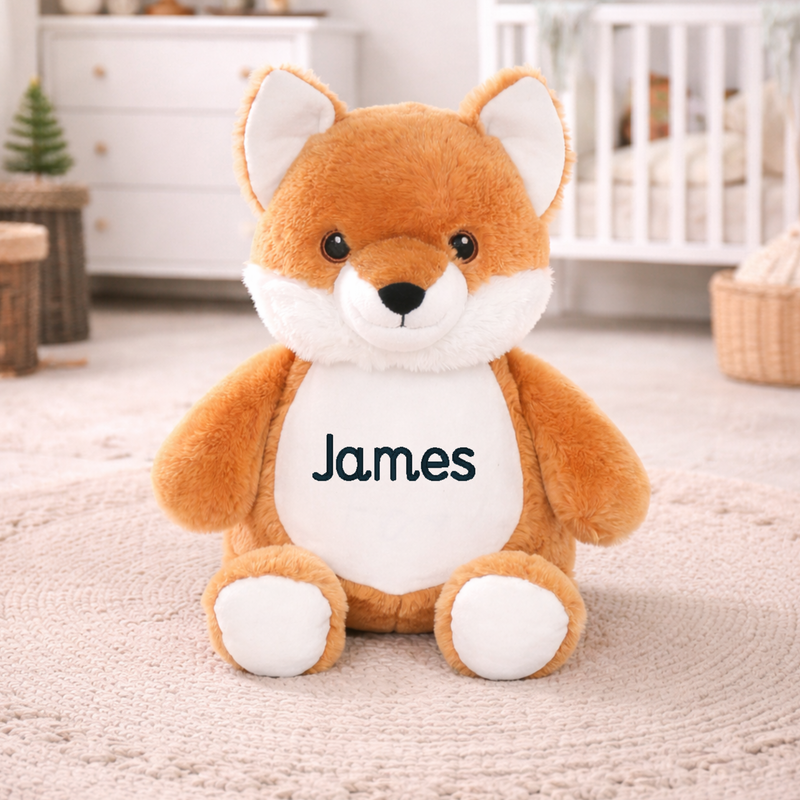 Personalized fox stuffed animal with embroidered name, soft plush woodland fox gift for baby or child