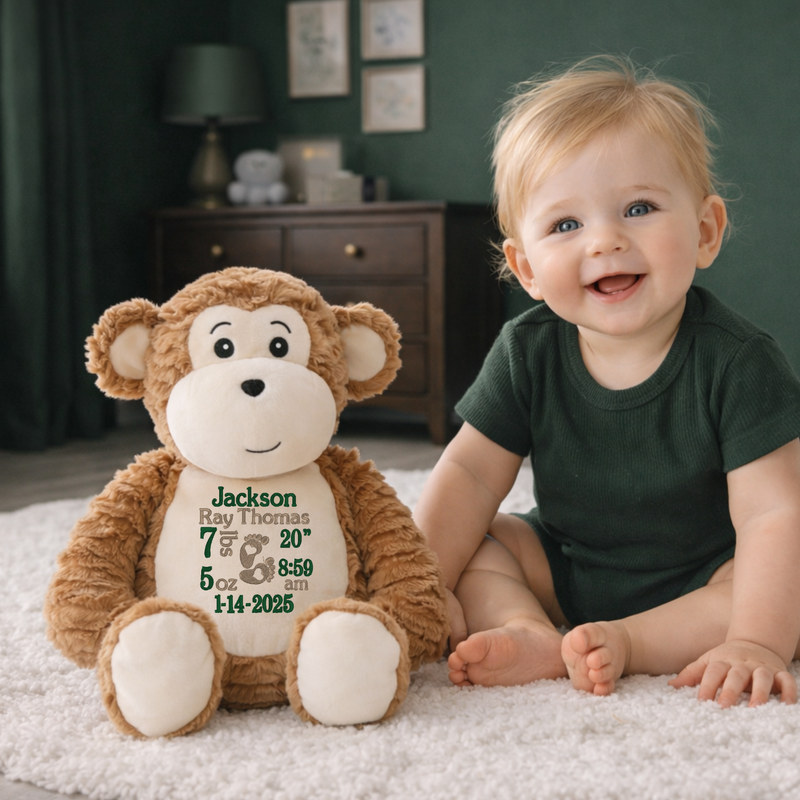 Personalized monkey stuffed animal embroidered with baby birth stats and baby name for newborn keepsake gift