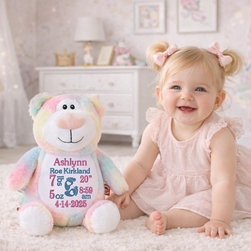 Personalized pastel rainbow bear stuffed animal embroidered with baby birth stats for newborn keepsake and baby shower gift