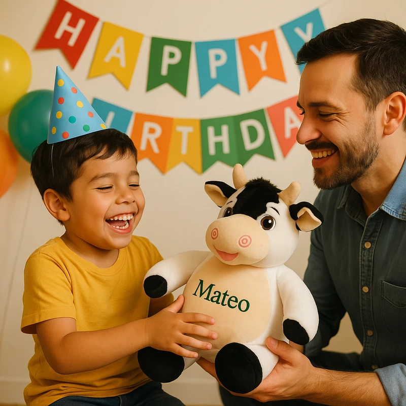 Personalized stuffed cow with embroidered name on soft plush cow stuffed animal gift for babies and kids