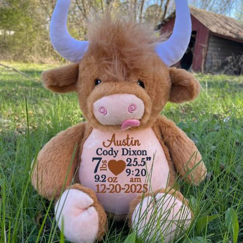 Cubbie Personalized Highland Cow with Birth Stats 