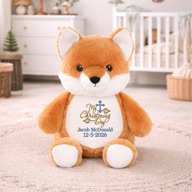 Personalized christening stuffed animal with embroidered name