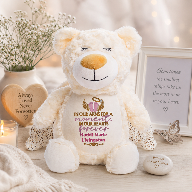 Personalized baby loss memorial bear embroidered with angel wings, tiny footprints, child’s name, and remembrance message