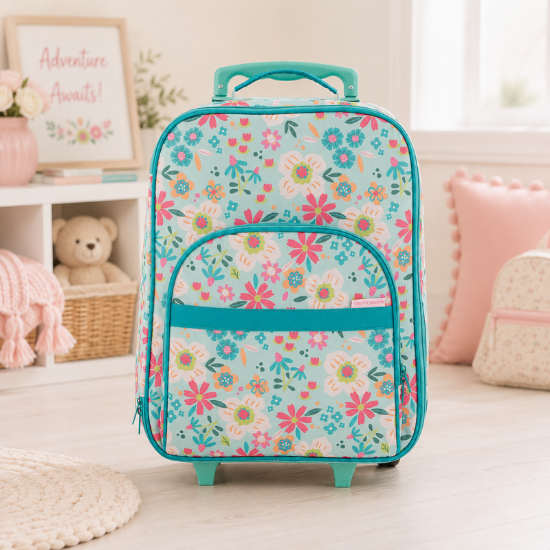 Personalized pastel floral kids suitcase displayed in a soft upscale boutique setting