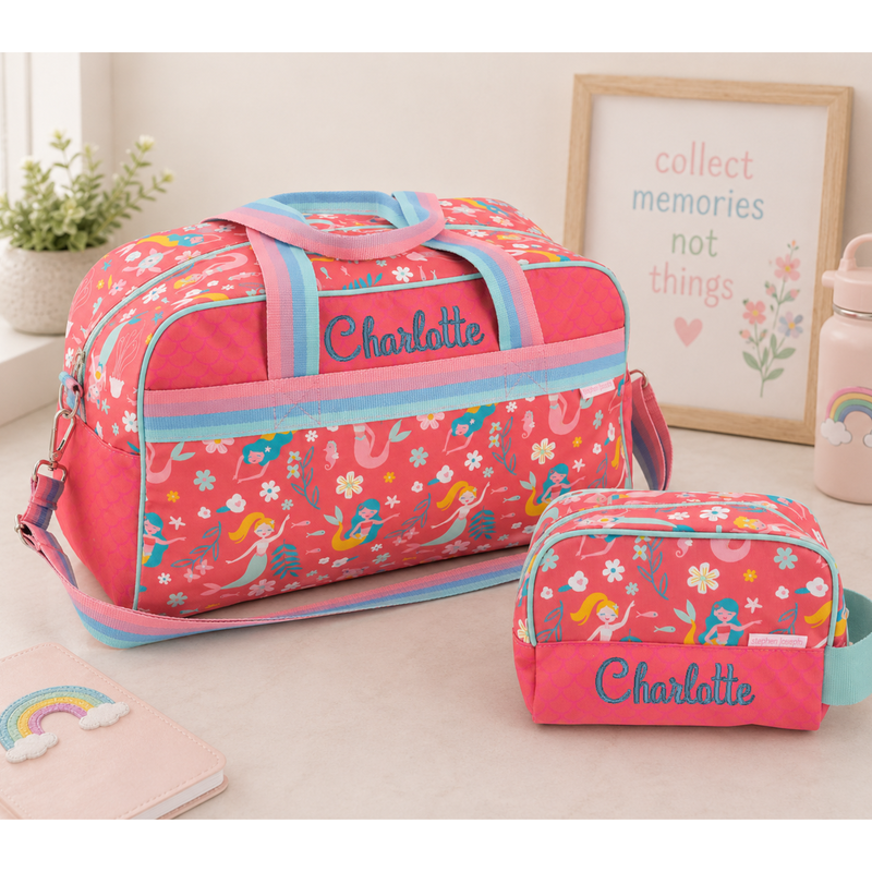 Personalized mermaid duffle bag for girls with mint straps