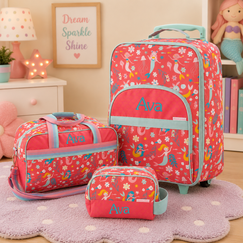 Three-piece personalized mermaid travel set displayed in an under-the-sea bedroom