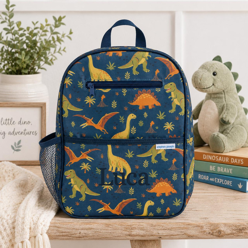 Stephen Joseph Personalized Navy Dinosaur Preschool Backpack for Kids 